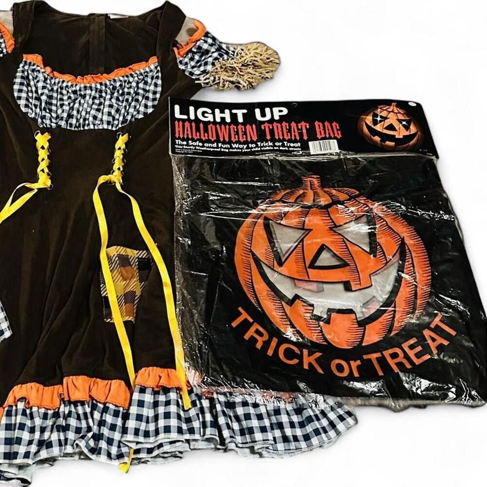 Spirit Halloween Scarecrow Costume Dress & Light-Up "Trick or Treat" Pumpkin Bag